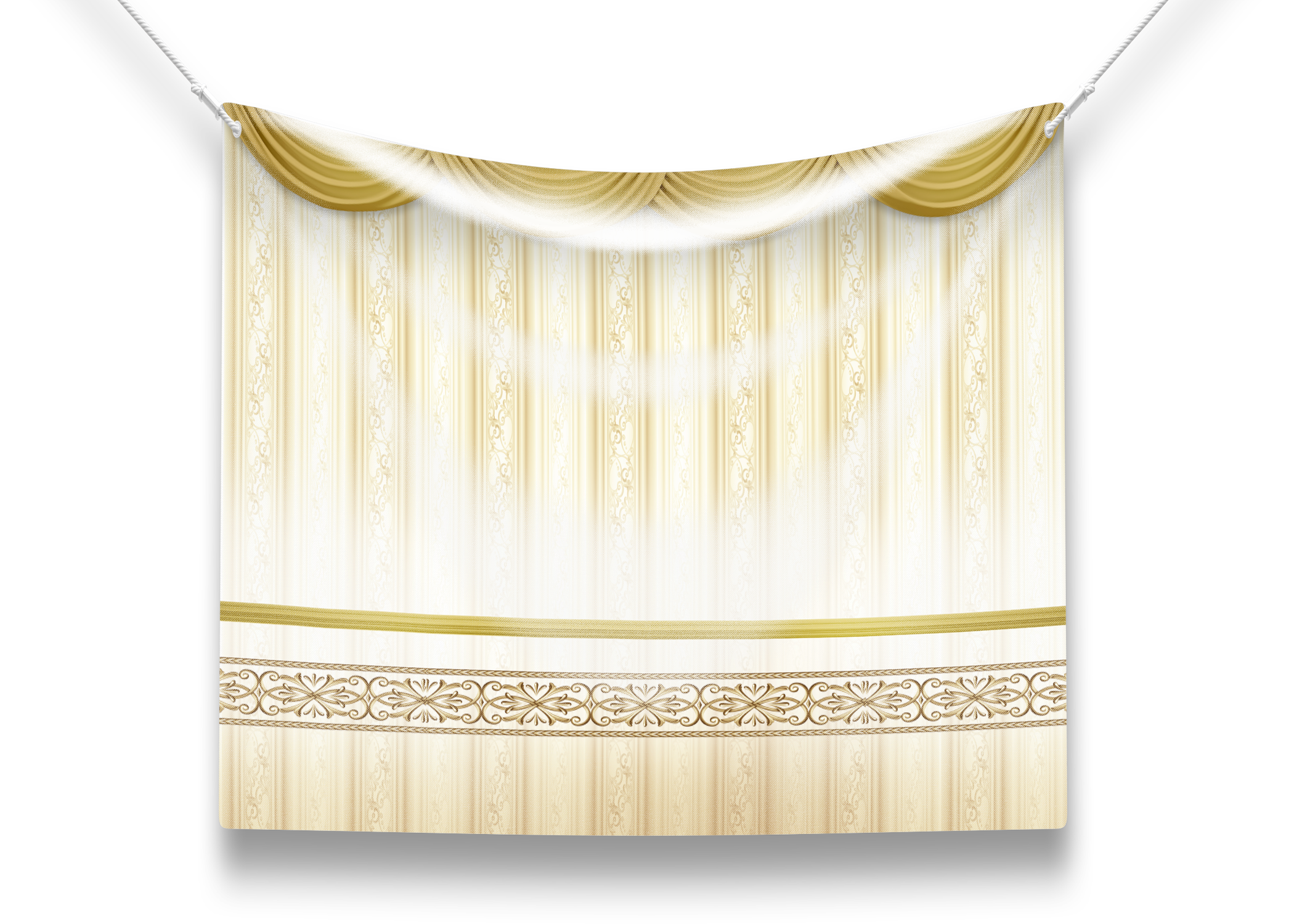 Royal Gold Wallpaper Sukkah Fabric with elegant golden curtain design, featuring customizable text options for a personalized Sukkah experience.