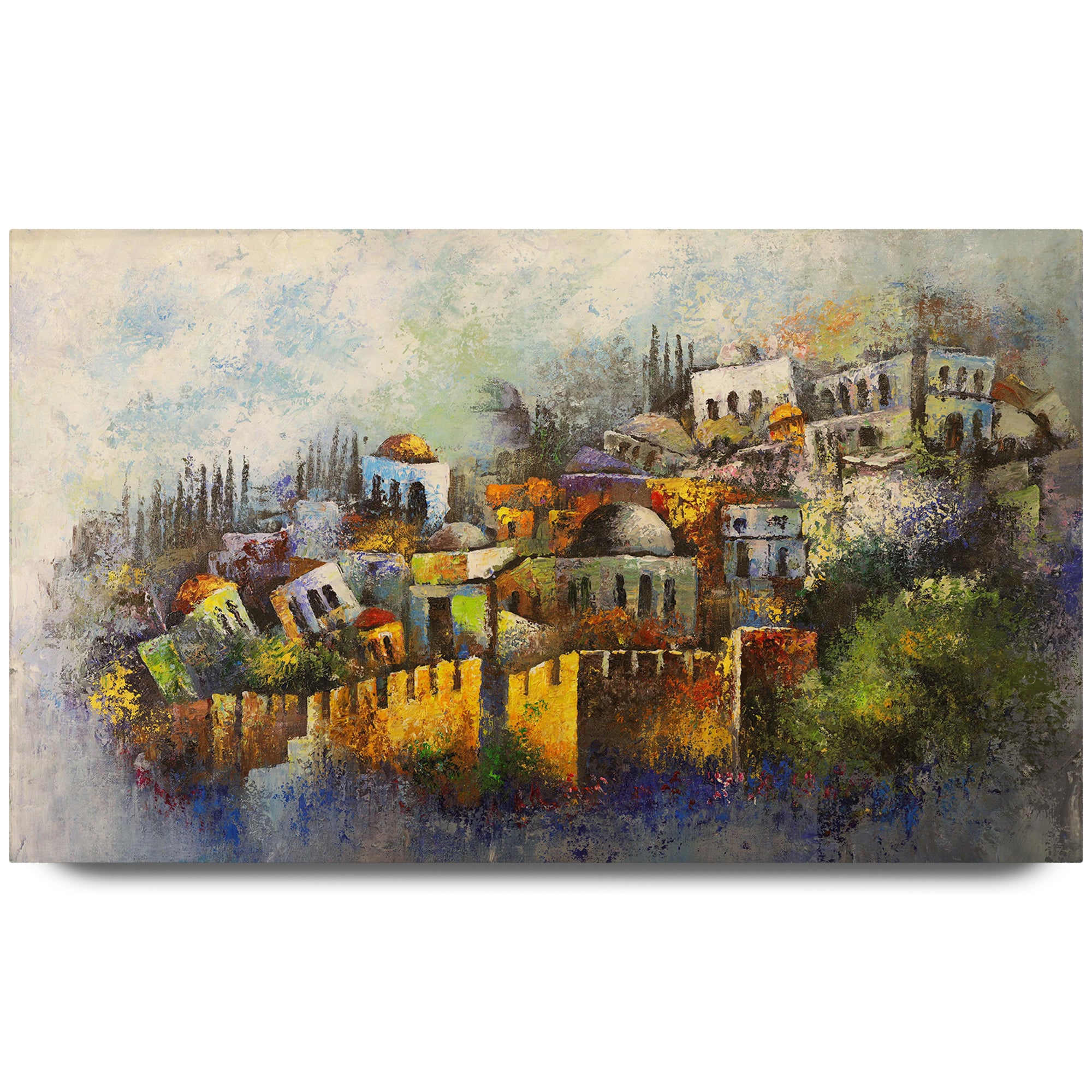 Jerusalem - Yossi Bitton's Modern Interpretation of Jewish Art on Acrylic depicts an abstract cityscape, showcasing vibrant modern artistry and cultural significance.