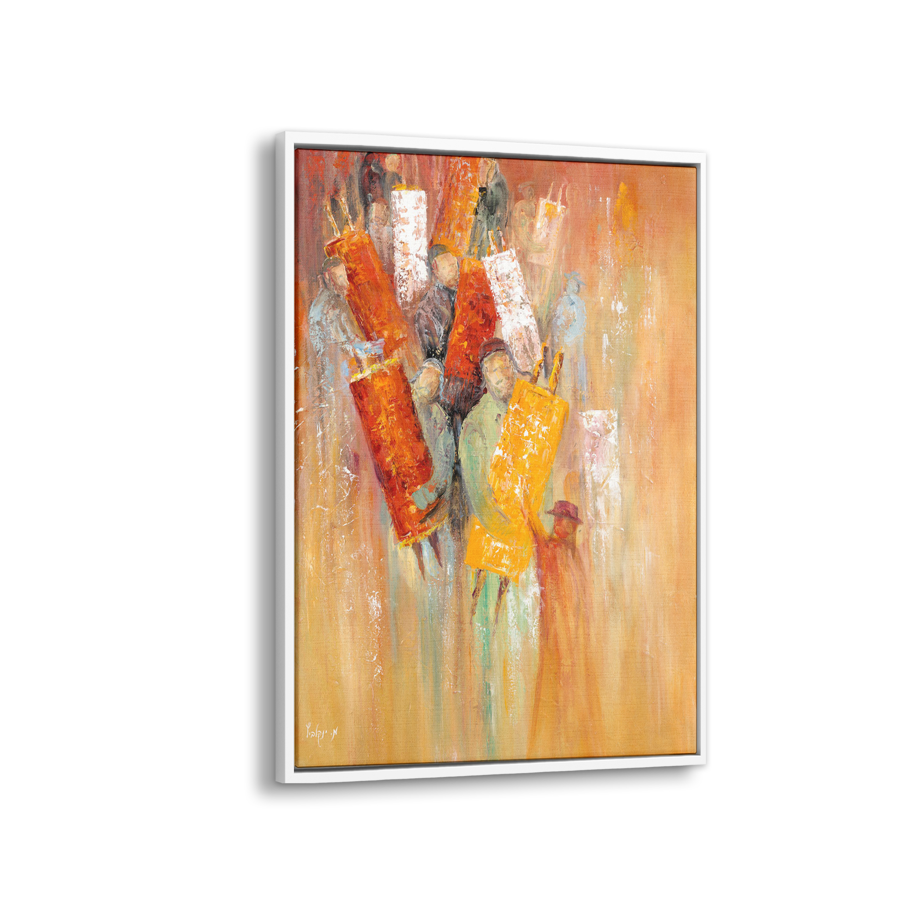 Simchat Torah Abstract Art - 40x28 Worshipers with Scrolls, capturing the festive spirit with abstract figures embracing Torah scrolls, ideal for modern Jewish decor.