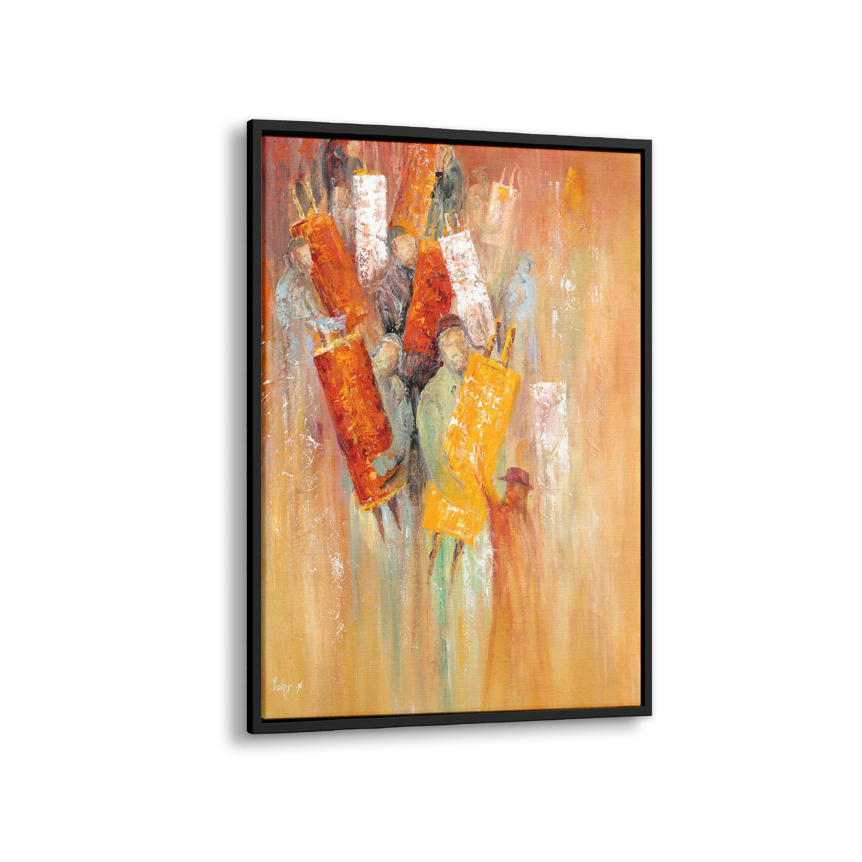 Simchat Torah Abstract Art - 40x28 painting of worshipers with scrolls, highlighting the celebration of Simchat Torah in a modern artistic style.