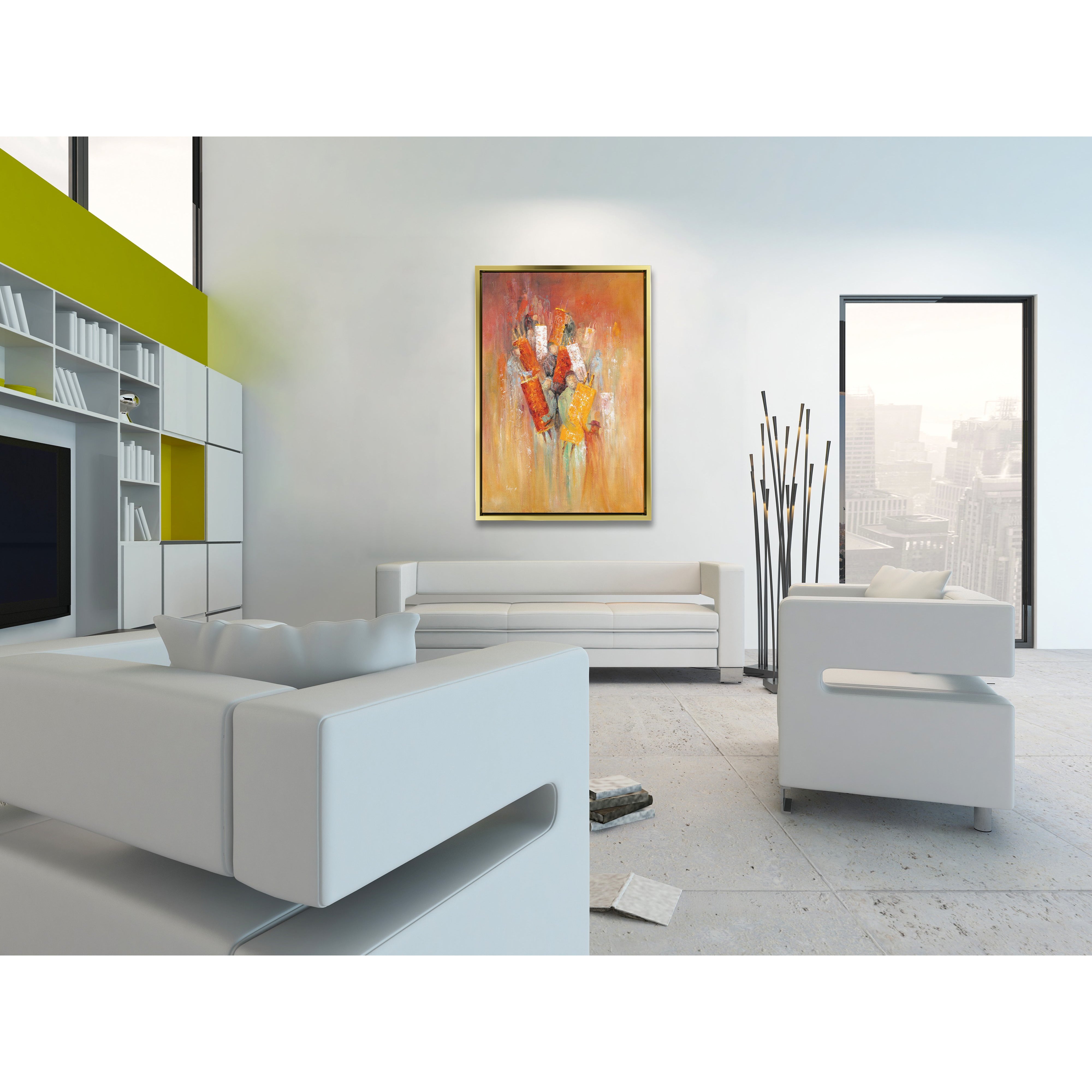 Simchat Torah Abstract Art - 40x28 Worshipers with Scrolls, displayed above a white couch in a modern living room setting.