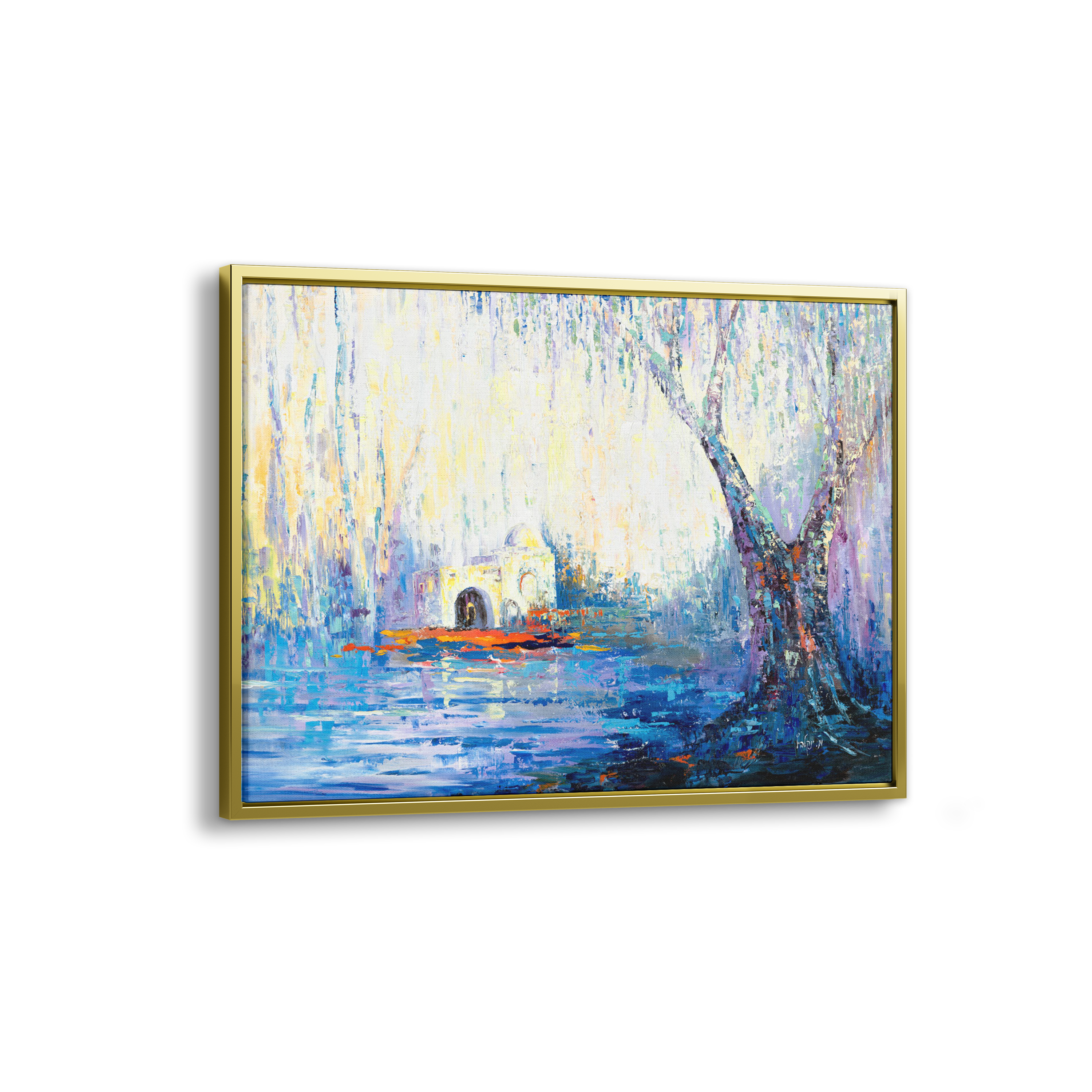Rachel's Tomb Abstract featuring a serene painting of a house and tree, in a tranquil abstract style.