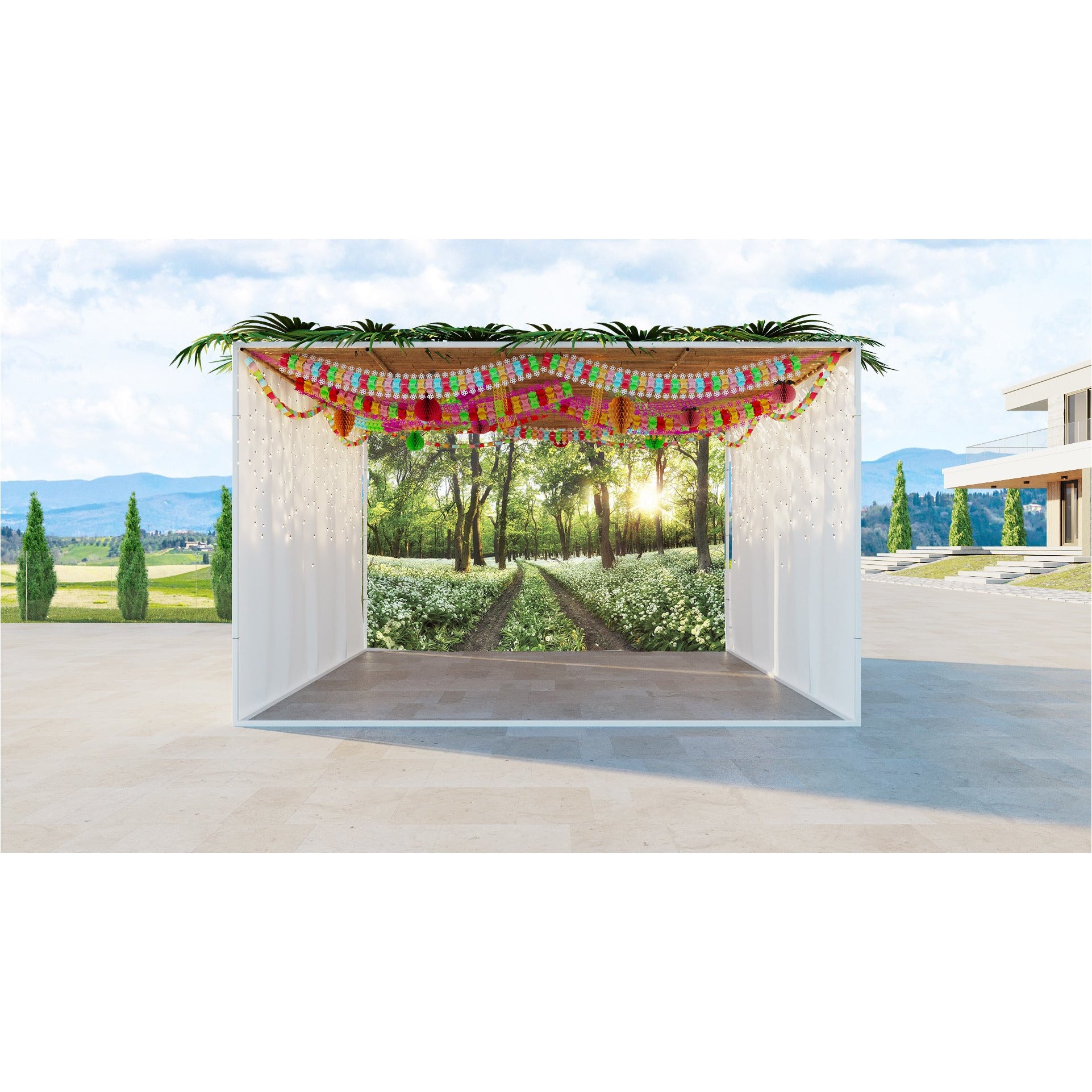 Sunlit Green Forest Sukkah Fabric featuring tranquil trees and sunlight design; UV-proof, waterproof, with easy-install grommets, perfect for a serene Sukkot atmosphere.