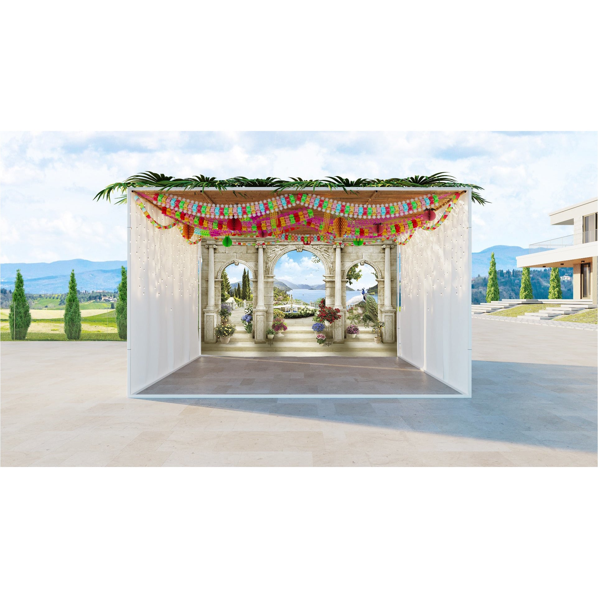 Royal Balcony Overlooking Lake and Mountains Sukkah Fabric features a regal balcony scene with vibrant flowers, overlooking a serene lake and mountains, perfect for Sukkot.