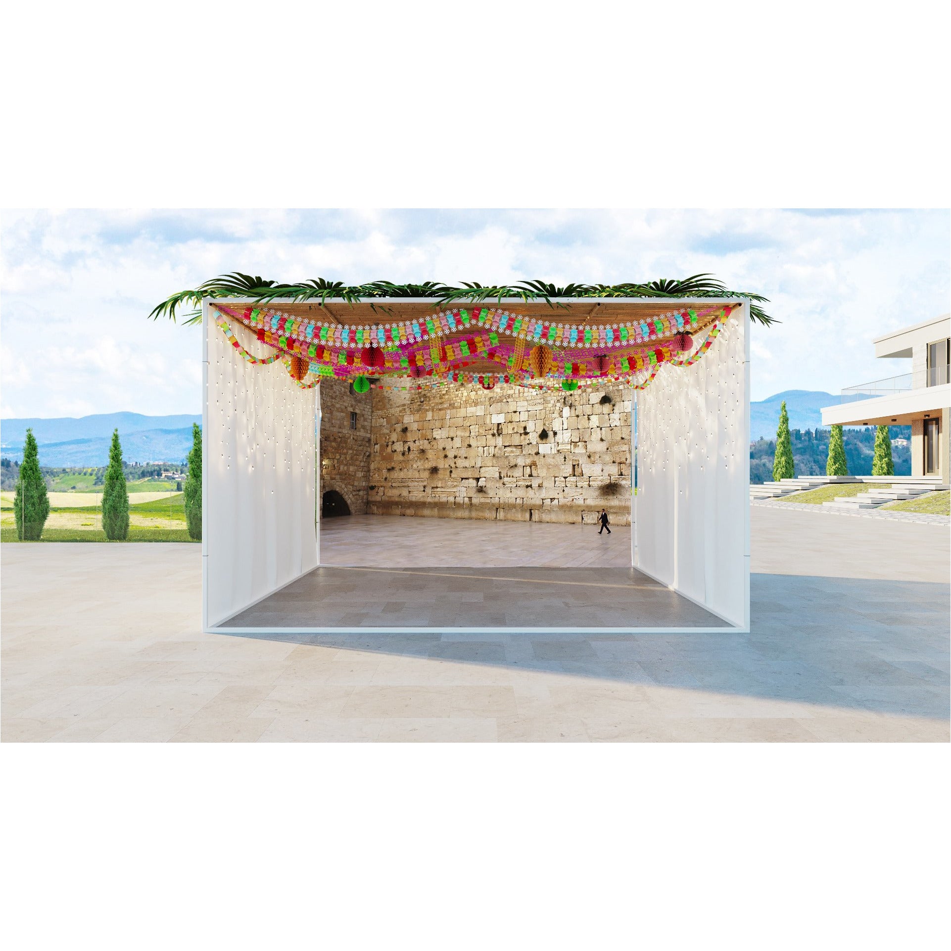 Western Wall Plaza Close-Up Fabric for Sukkah decor, depicting a vivid stone wall and colorful garlands, providing an immersive spiritual ambiance.