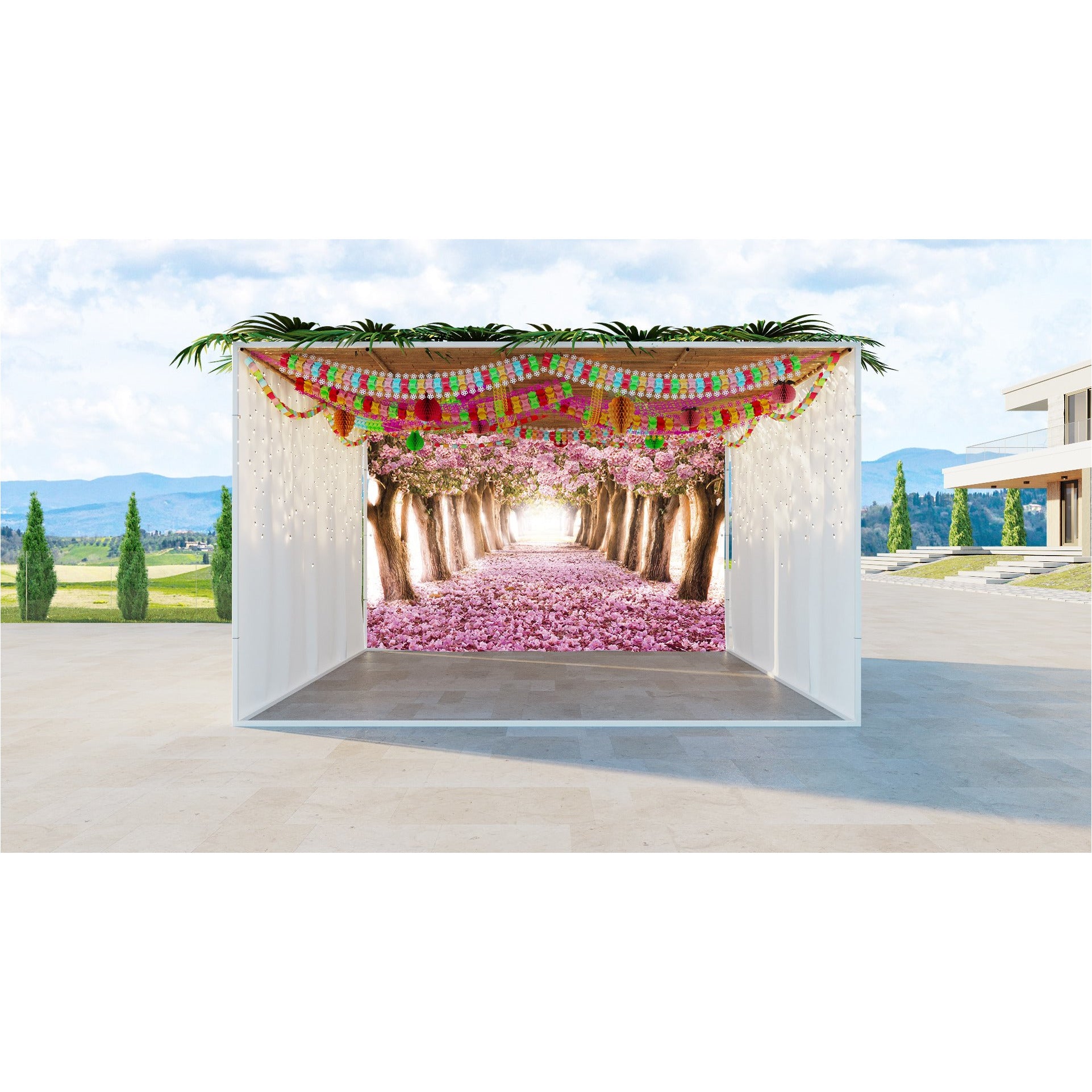 Cherry Orchard Blossom Sukkah Fabric displaying vibrant pink blossoms on cherry trees, ideal for creating a serene Sukkah setting during Sukkot.