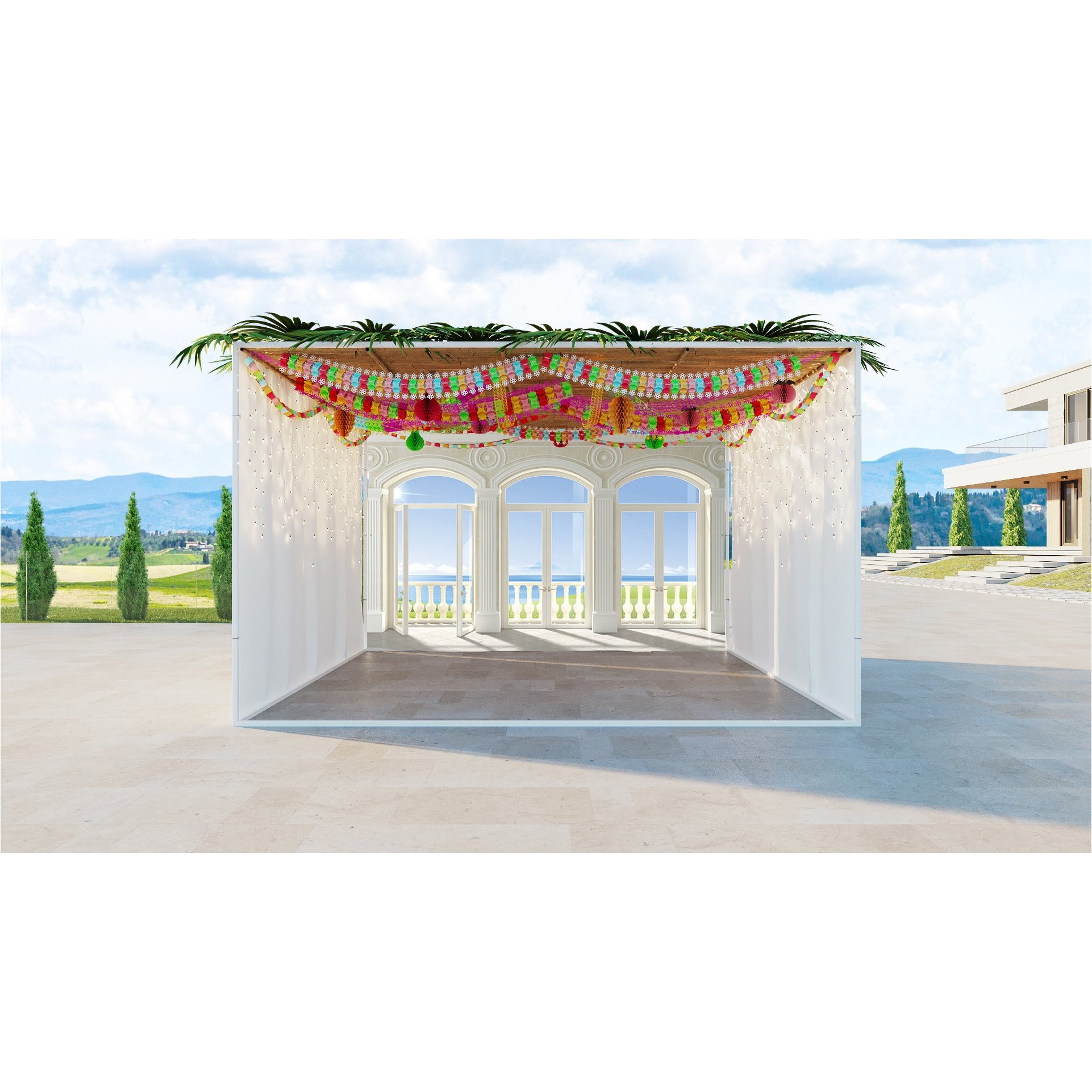 Summer Landscape & Blue Sky Balcony View Fabric decorates a white balcony with colorful garland, offering a vibrant, summery Sukkah atmosphere. Ideal for festive celebrations.