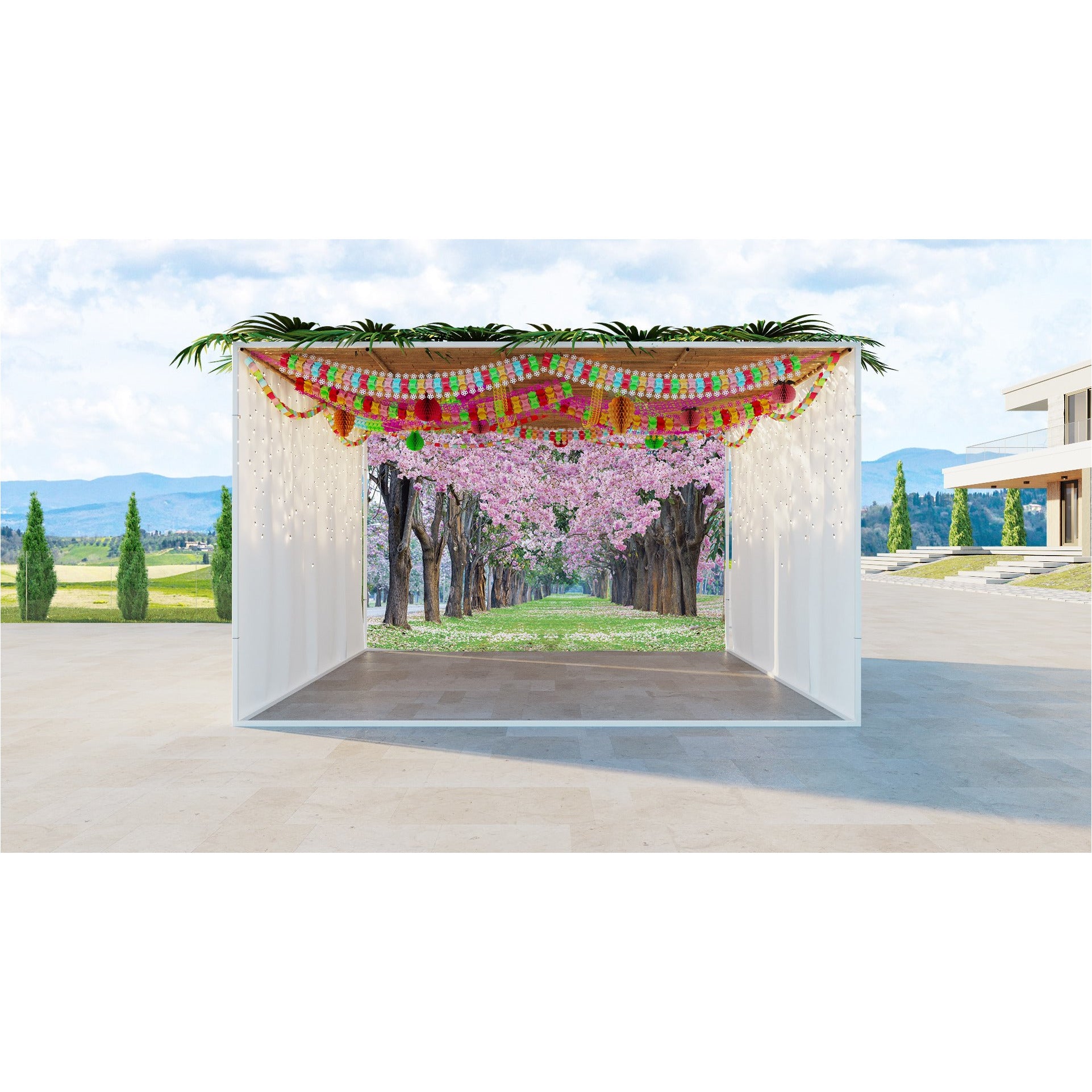 Cherry Blossom Forest Sukkah Fabric features lush pink blossoms on cherry trees, designed for Sukkot celebrations. Ideal for creating a serene, picturesque environment.