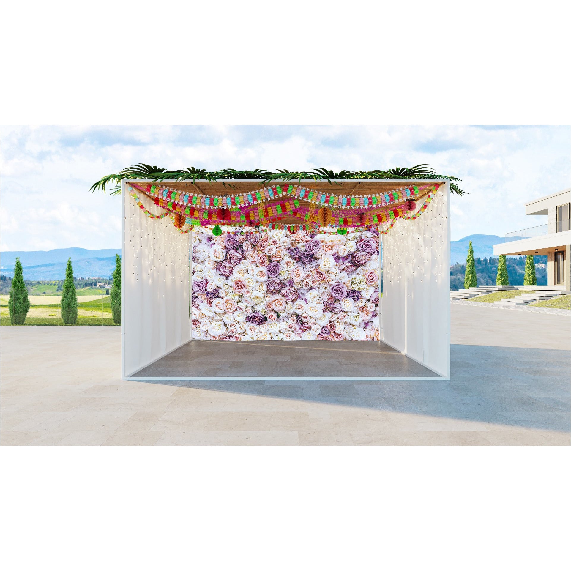 Pink and White Roses Floral Sukkah Fabric with elegant flower design, displayed outdoors, showcasing its UV-proof and waterproof features for Sukkot celebrations.