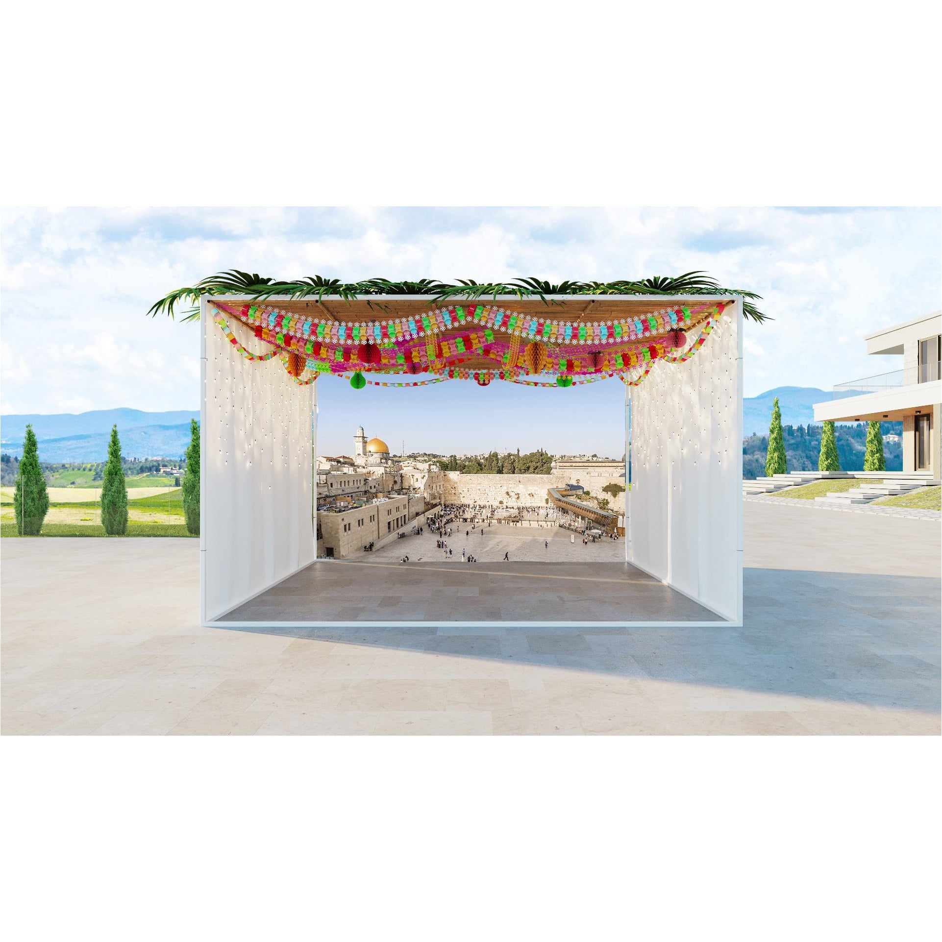 Western Wall Panorama Fabric - UV & Waterproof Sukkah Decoration: panoramic view of the Western Wall, ideal for Sukkah; features customizable dimensions and easy installation.