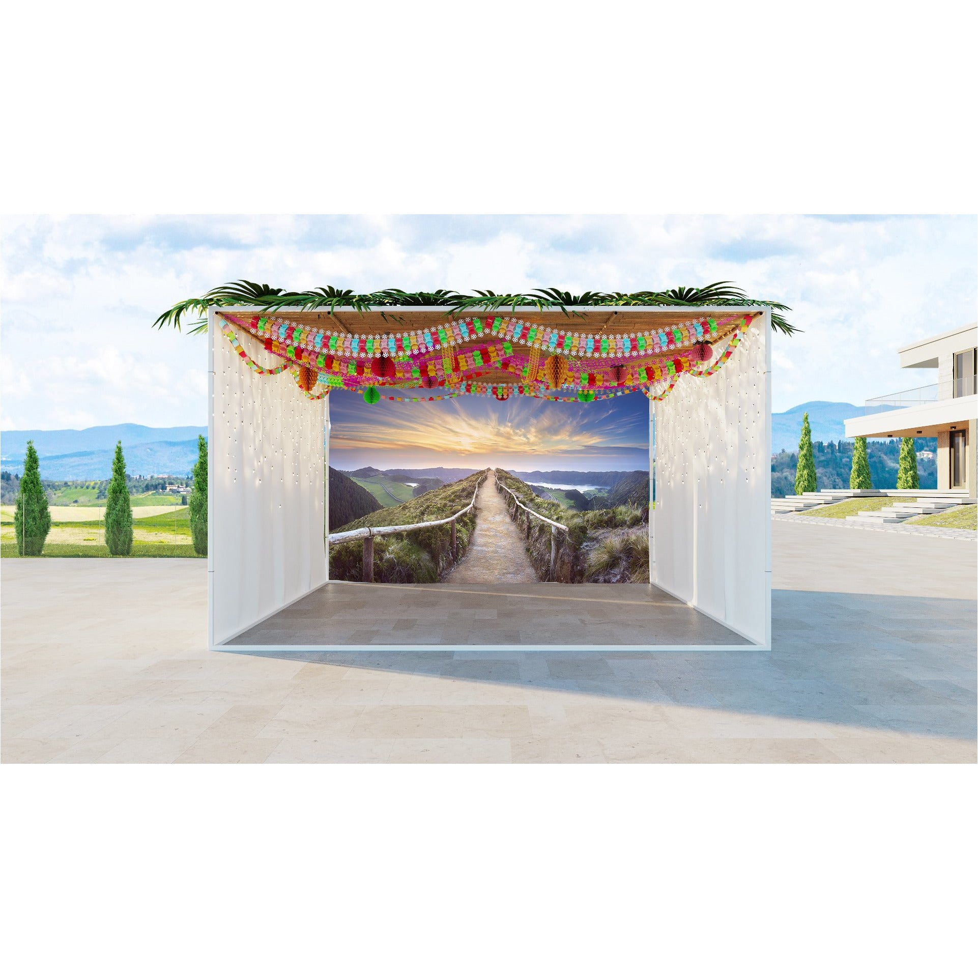Lake Path Landscape Fabric - Sunlit Sky: a serene path leading to a lake under a sunlit sky, ideal for Sukkah decor, UV and waterproof.