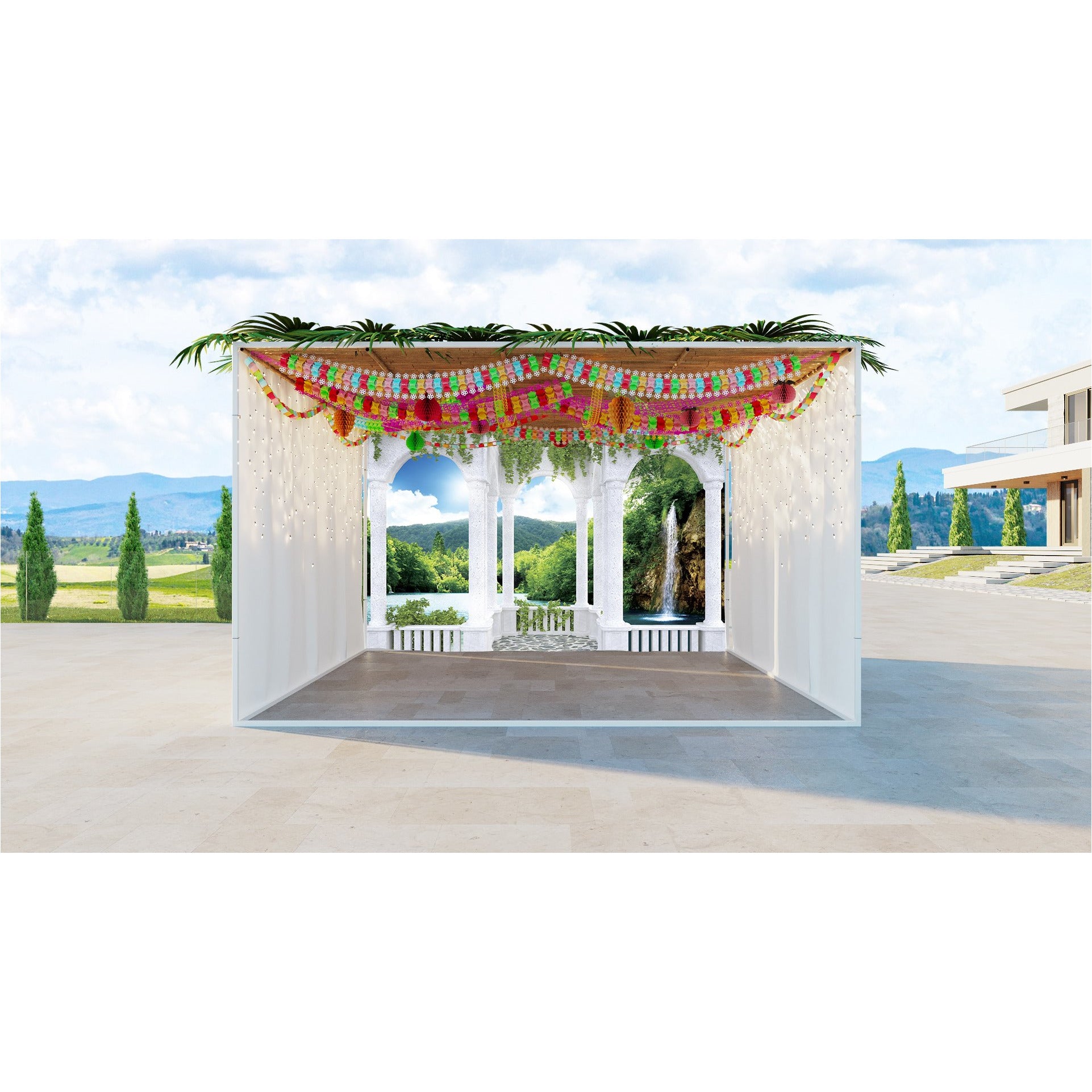 Waterfall & Lake View Fabric - Stone Balcony Design for Sukkah Decor, showcasing a serene waterfall, lake, and lush greenery on UV-proof material.
