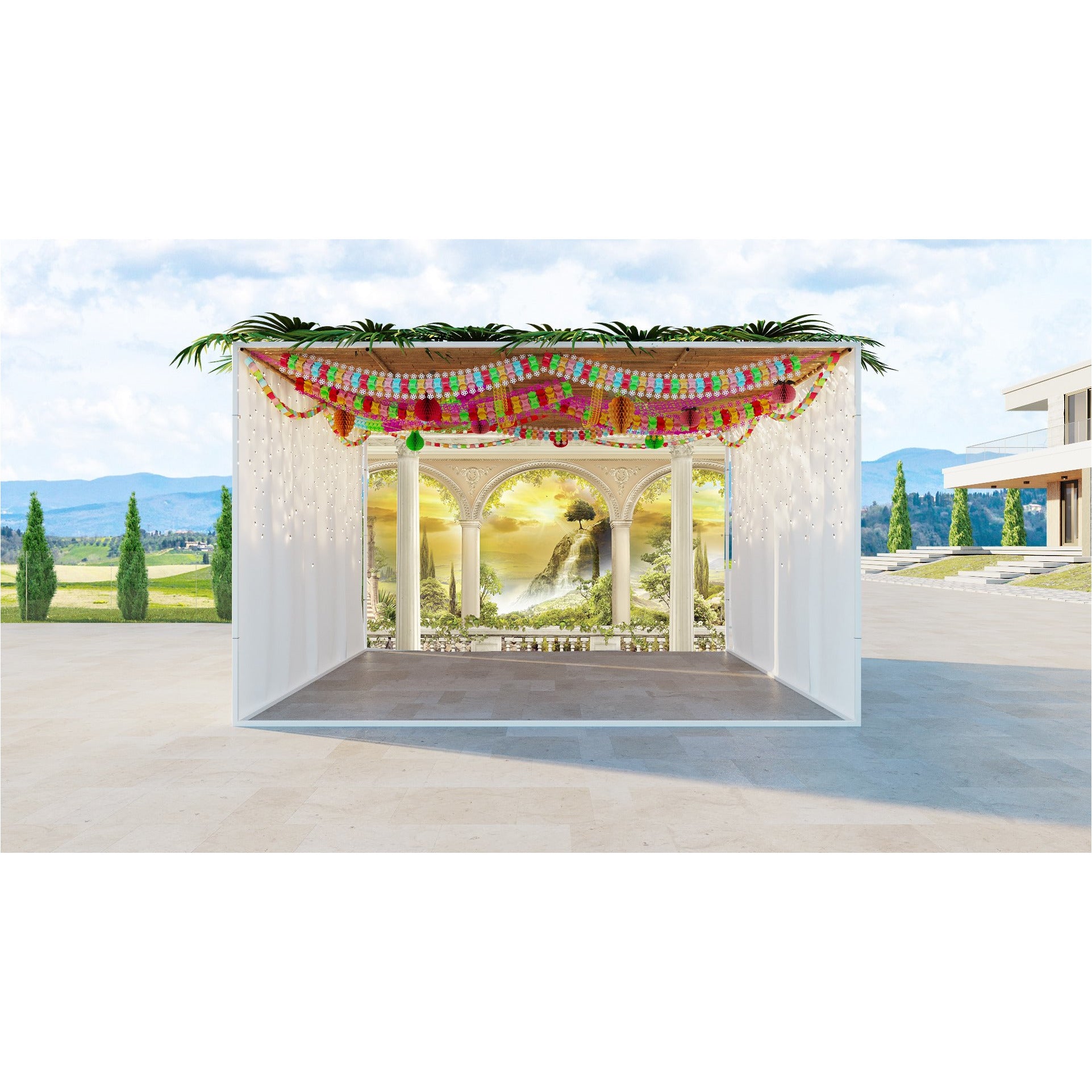 Mountain View & Glowing Sky Fabric features a stone balcony overlooking lush mountains and a radiant sky, perfect for enhancing Sukkah decor with natural serenity.