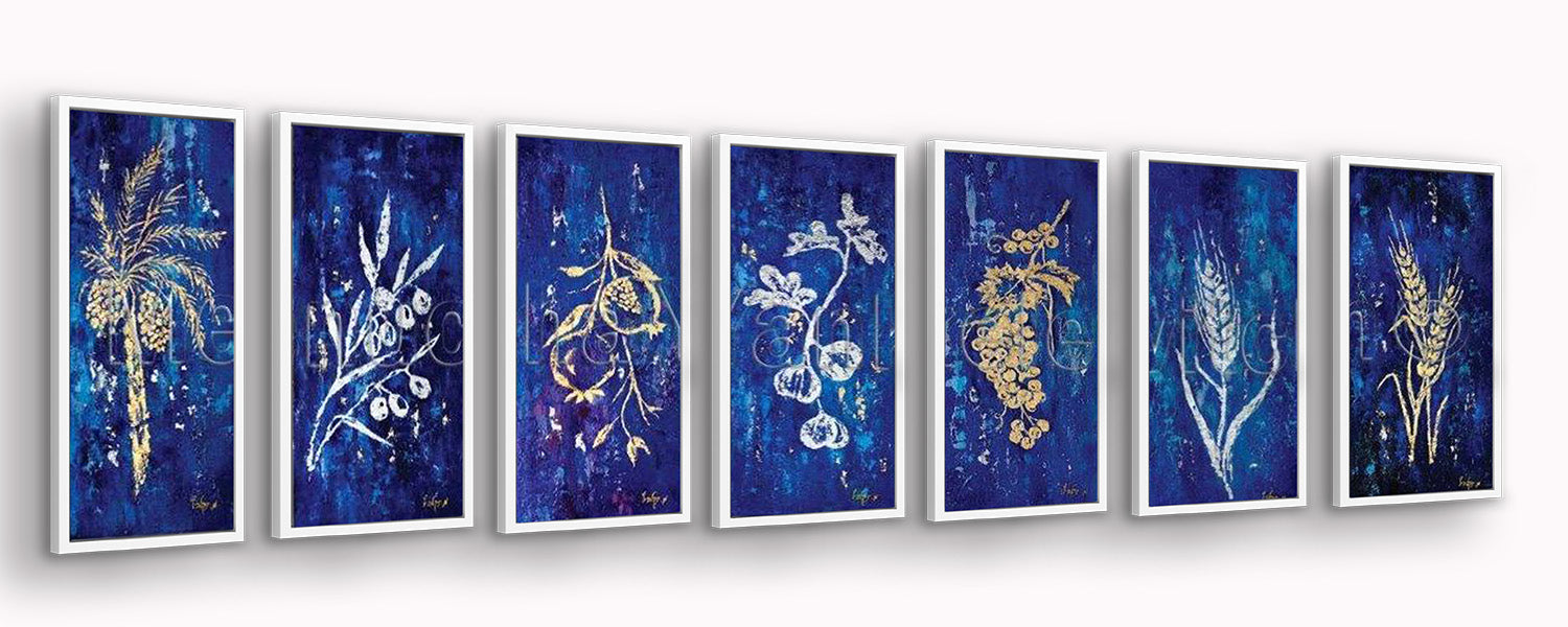 Seven Species Judaica art – 31x15 gold and silver on blue background