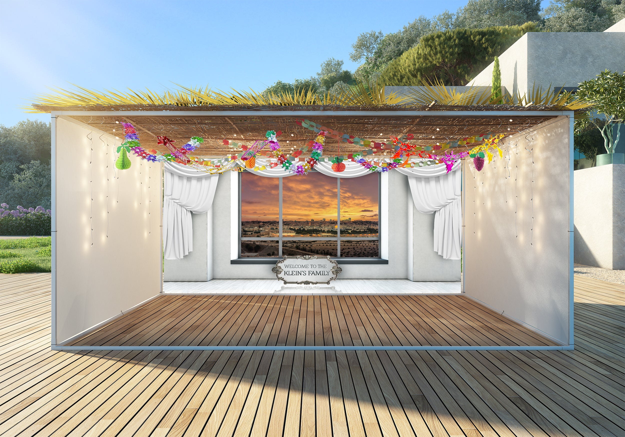 Customizable Sukkah Fabric displayed in a room with a window view, featuring metal grommets for easy installation. Perfect for personalized Sukkah wall decoration.