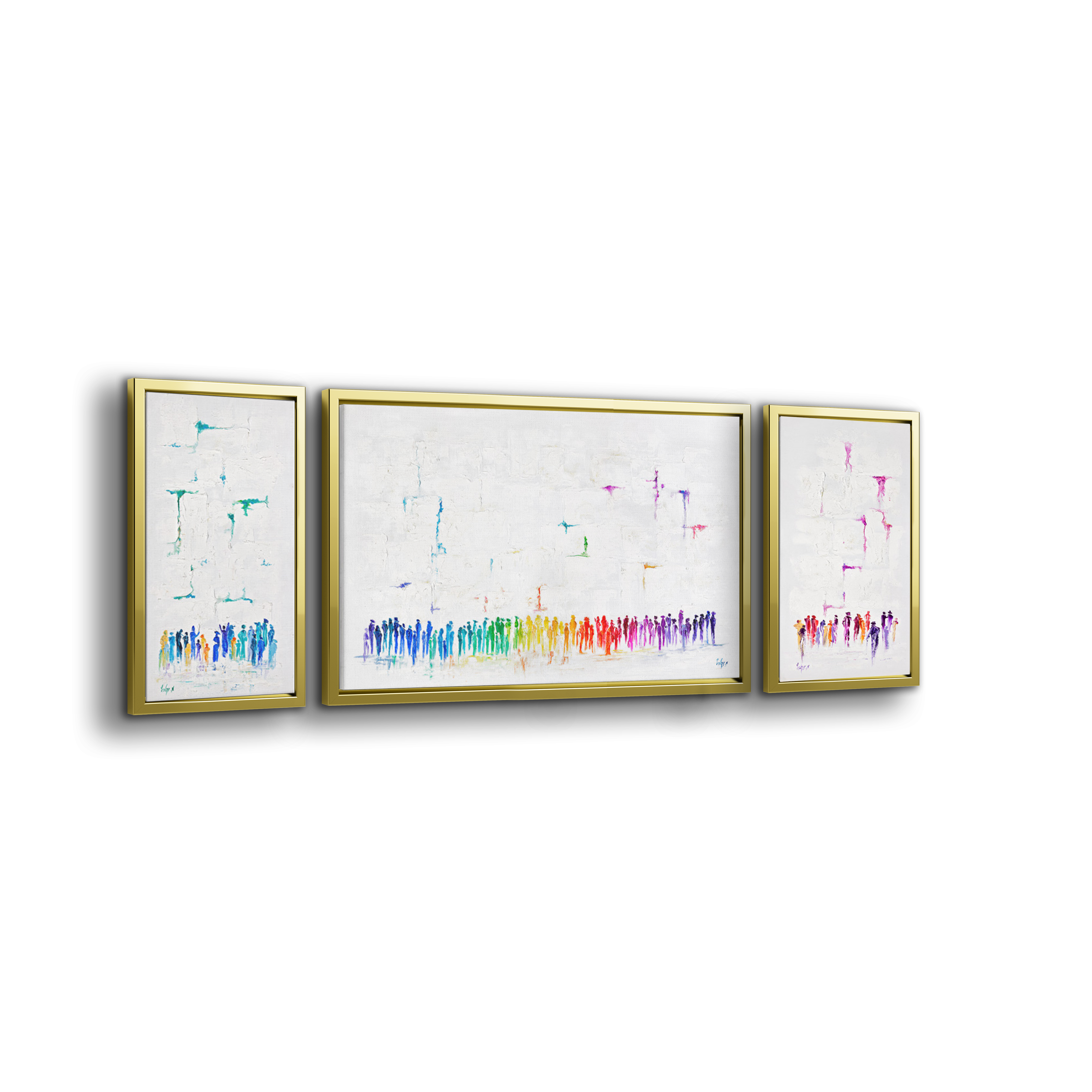 Western Wall Triptych Abstract - Colorful Judaica Panels: Three-panel artwork depicting a vibrant, abstract interpretation of the Western Wall, ideal for modern Jewish art collections.