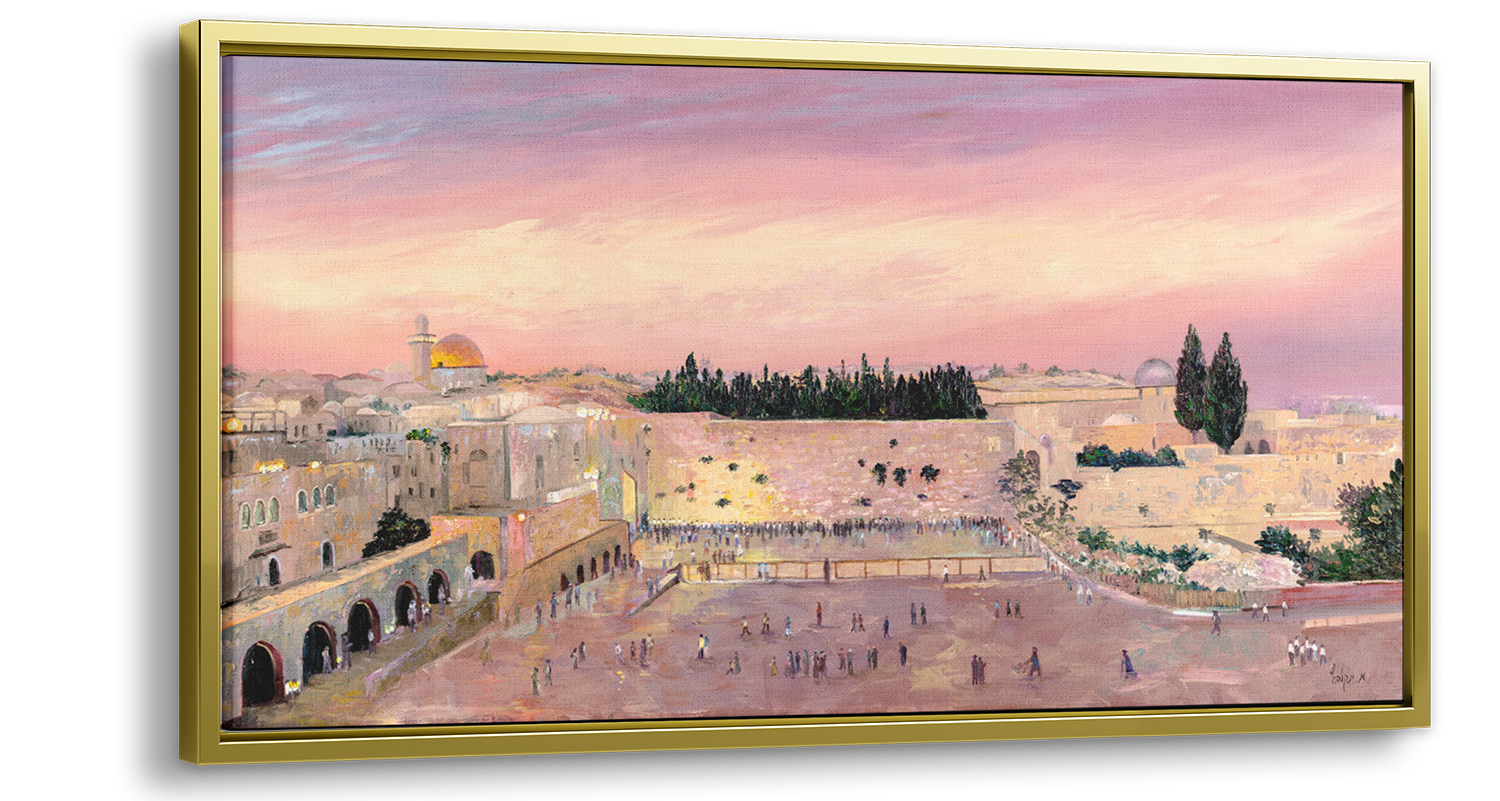 Western Wall Sunset painting by M. Yankelevitch – 55x28 Judaica art in pink tones