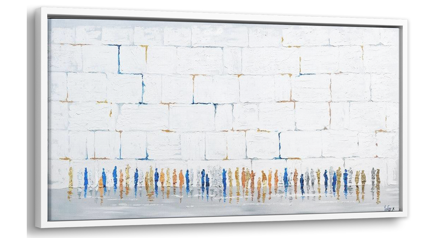 Western Wall abstract Judaica canvas – white brick wall with colorful lines