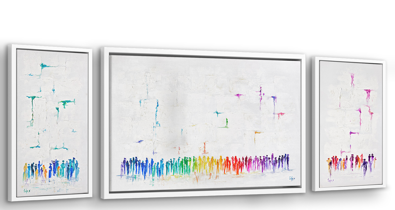 Western Wall triptych – colorful abstract Judaica panels with figures