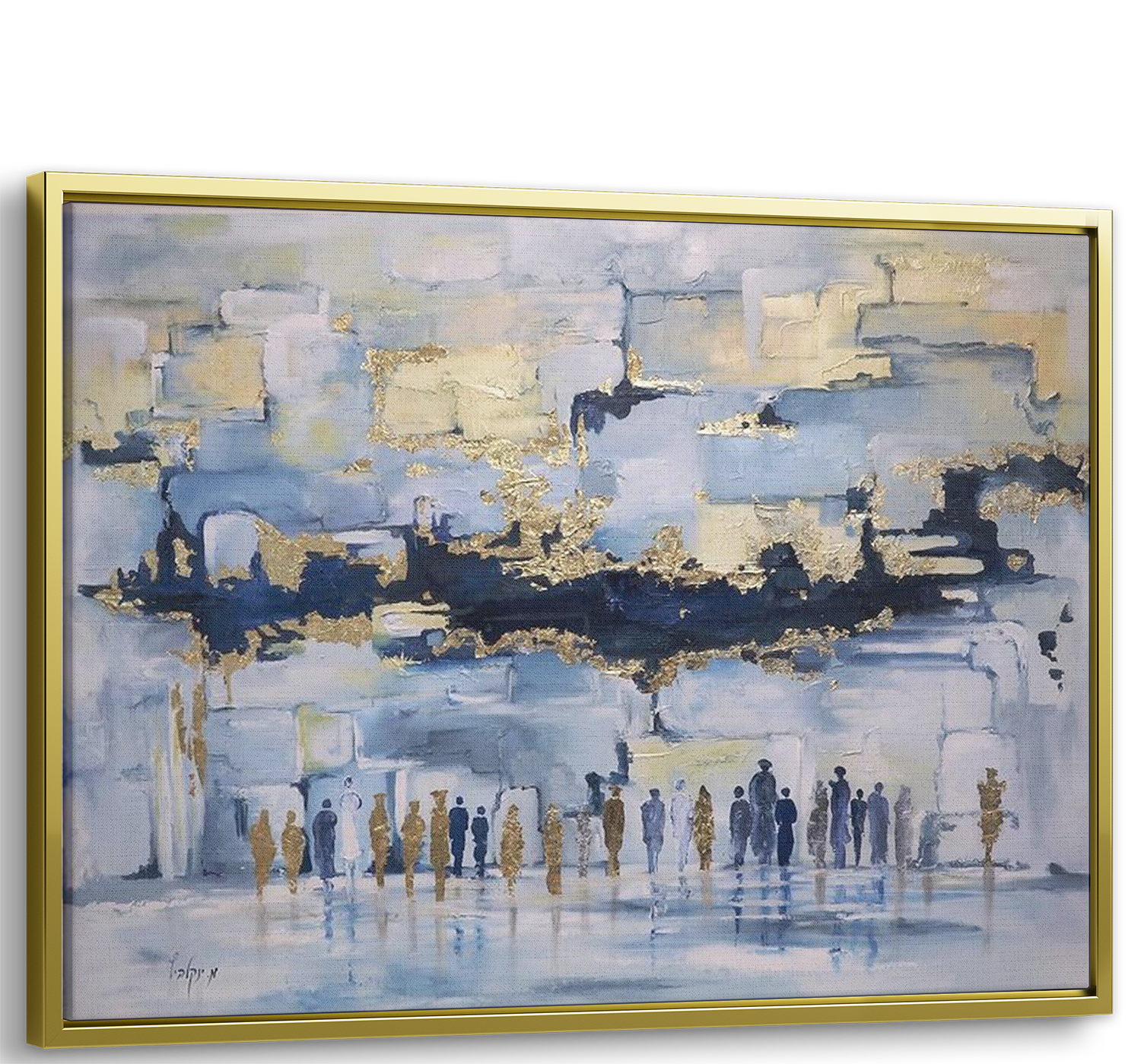 41x31 blue and gold Western Wall – modern Judaica canvas with gold frame