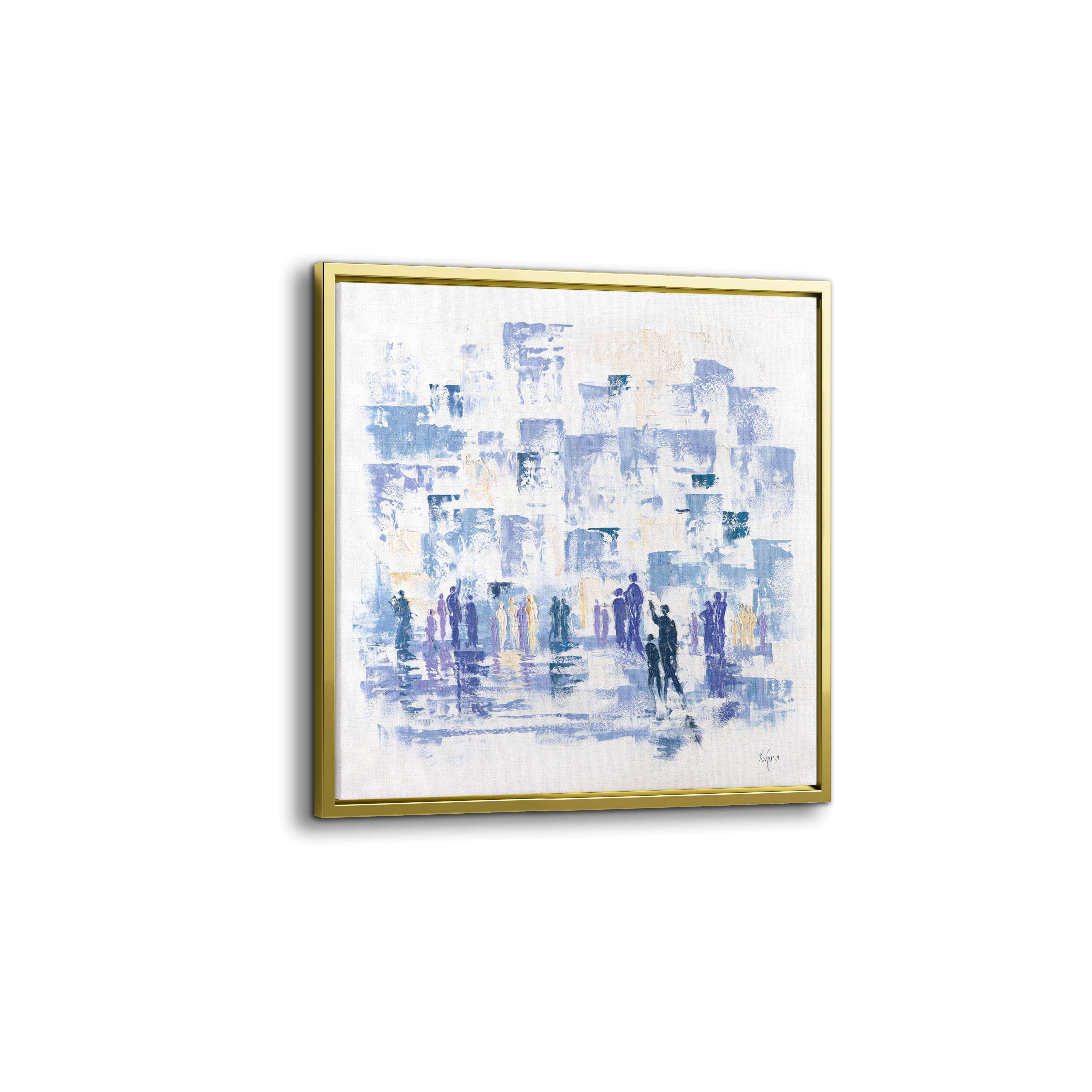 Modern Western Wall Abstract - 35x35 Blue & White Judaica Canvas: Abstract painting of the Western Wall in serene blue and white, framed, highlighting Jewish spirituality.