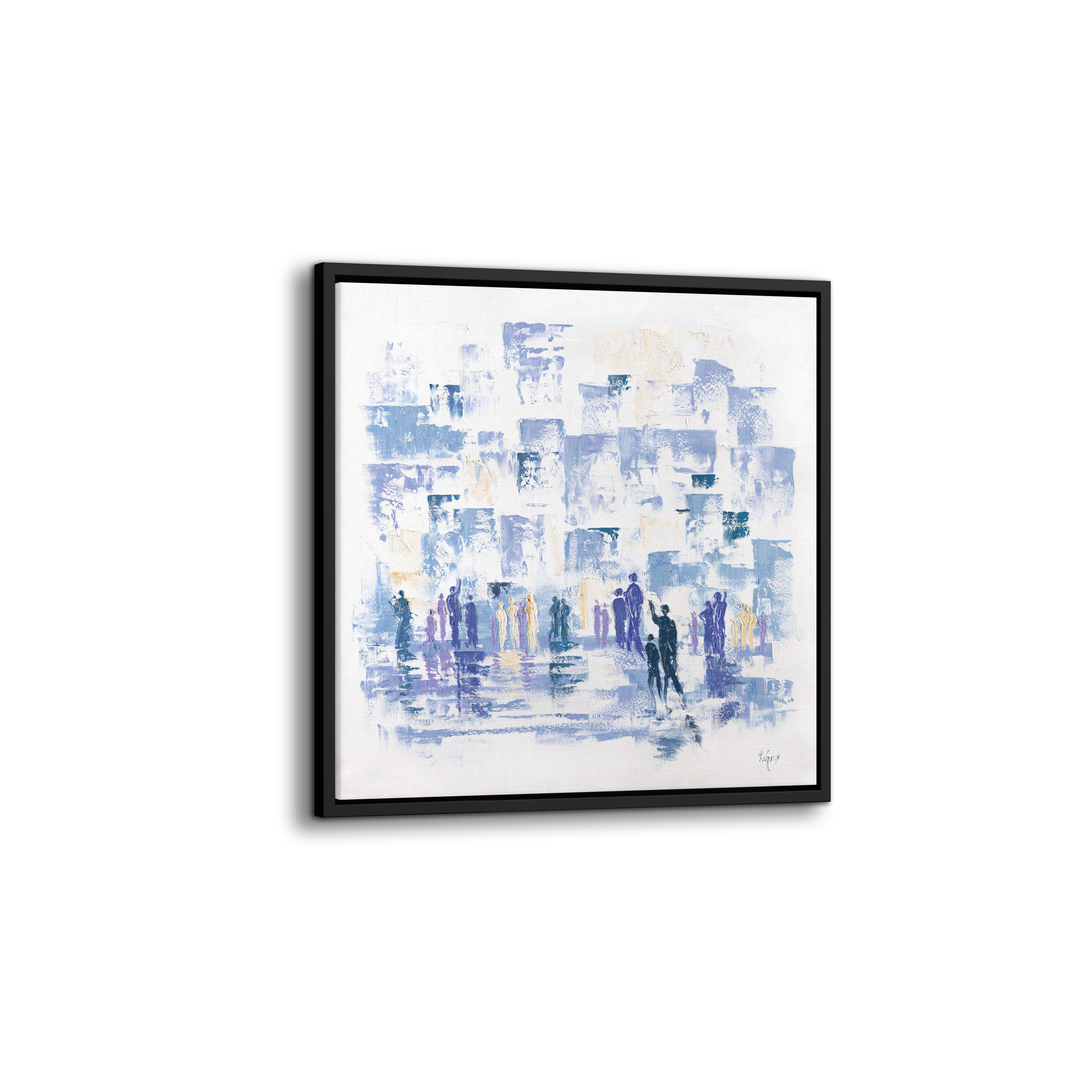 Modern Western Wall Abstract - 35x35 canvas depicting abstract figures on a white background, capturing Judaica themes in blue and white.