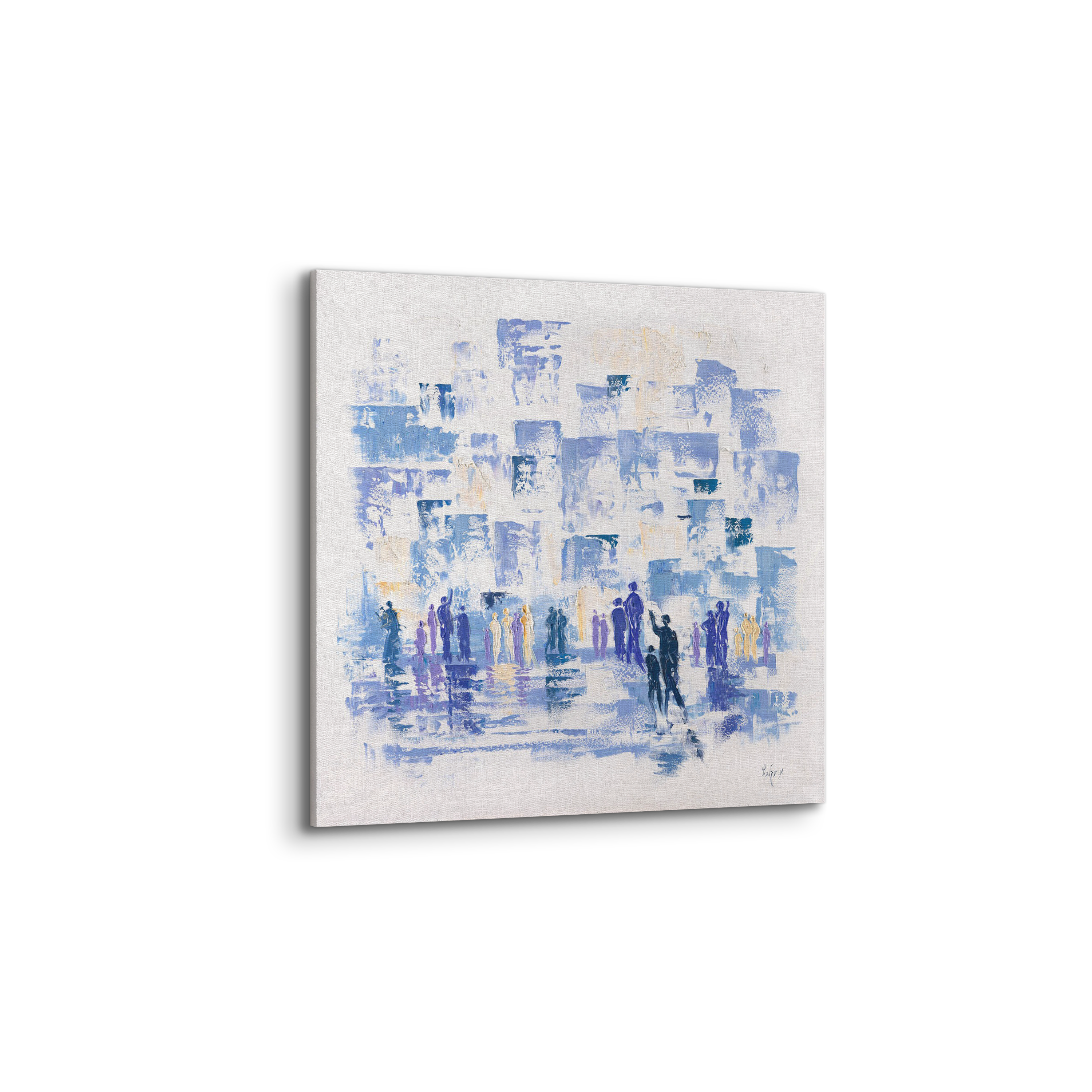 Modern Western Wall Abstract - 35x35 Blue & White Judaica Canvas depicting an abstract crowd scene, reflecting spiritual symbolism and contemporary Jewish artistry.