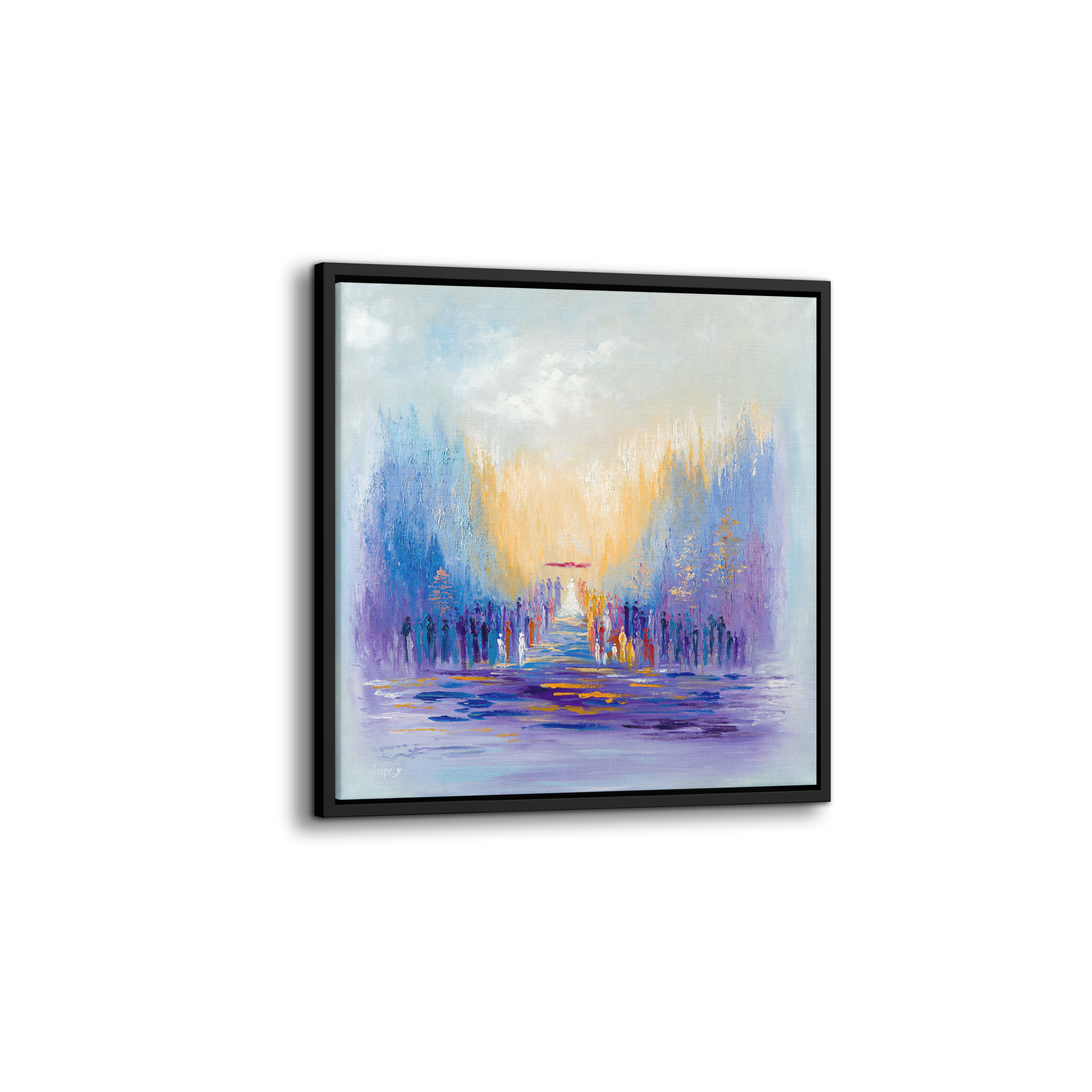 Colorful Jewish Chuppa Ceremony Painting - 35x35 depicting a vibrant Chuppa scene, ideal for modern Judaica art collections or Jewish home decor.