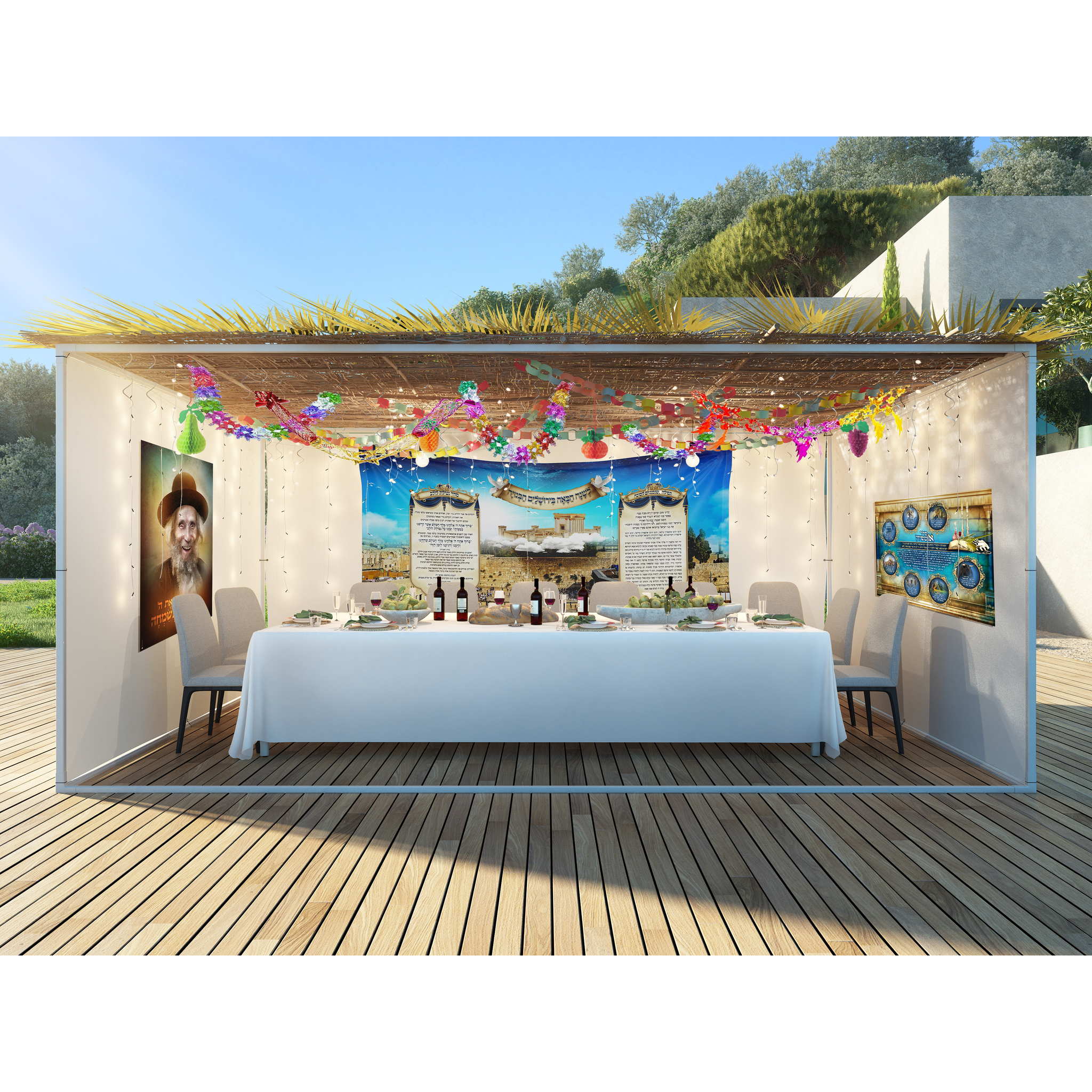 Sukkot Fabric: Netilat Lulav & Sukkah Prayers, featuring Western Wall and Beit Hamikdash imagery, elegantly displayed on a table with chairs and wine.