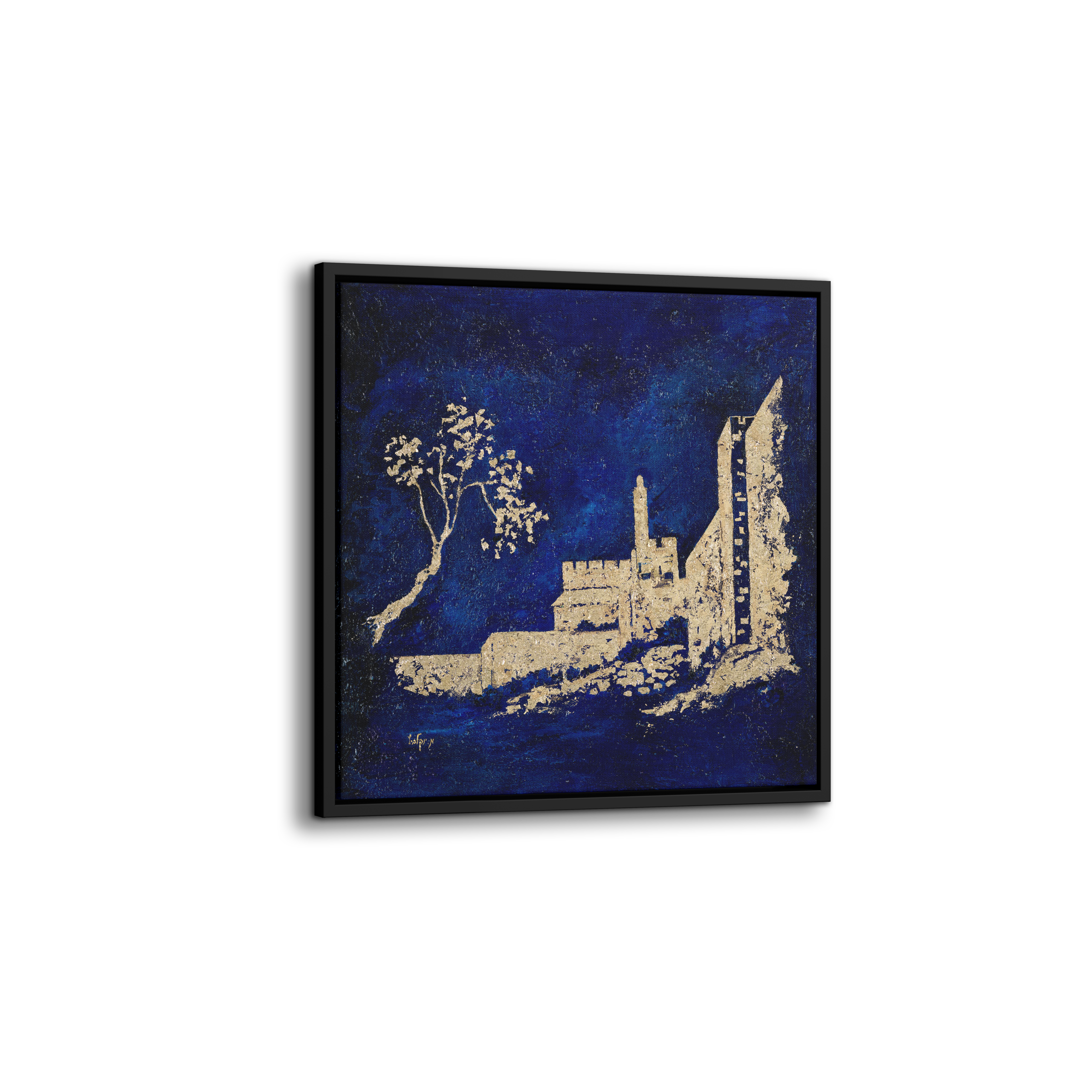 Gold Leaf Tower of David Painting, 28x28, showcasing Jerusalem's iconic landmark with luxurious gold leaf detailing, enhancing Jewish art collections.
