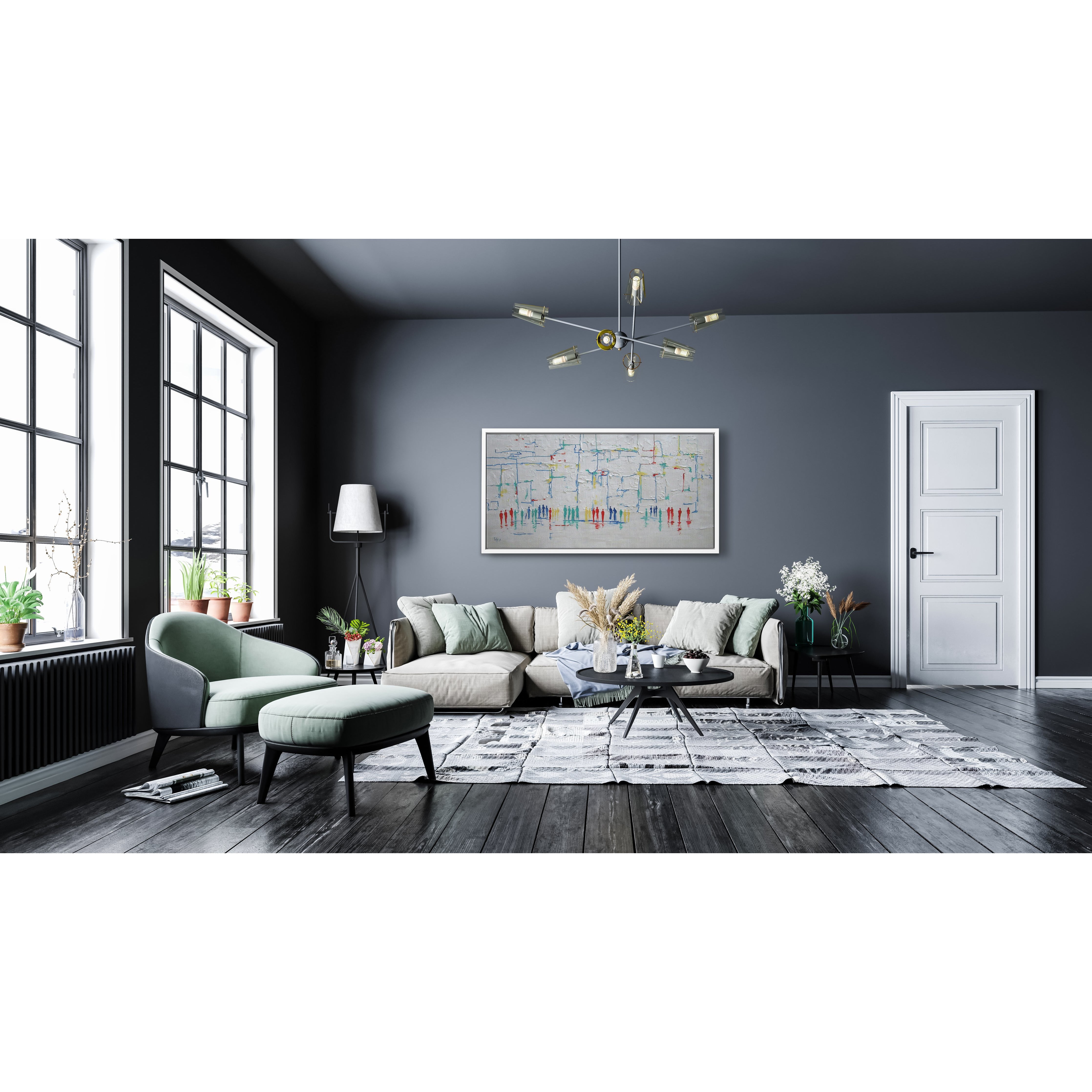 Colorful Abstract Western Wall Art on canvas, 51x24, displayed in a living room setting with a couch and a vase of flowers nearby.