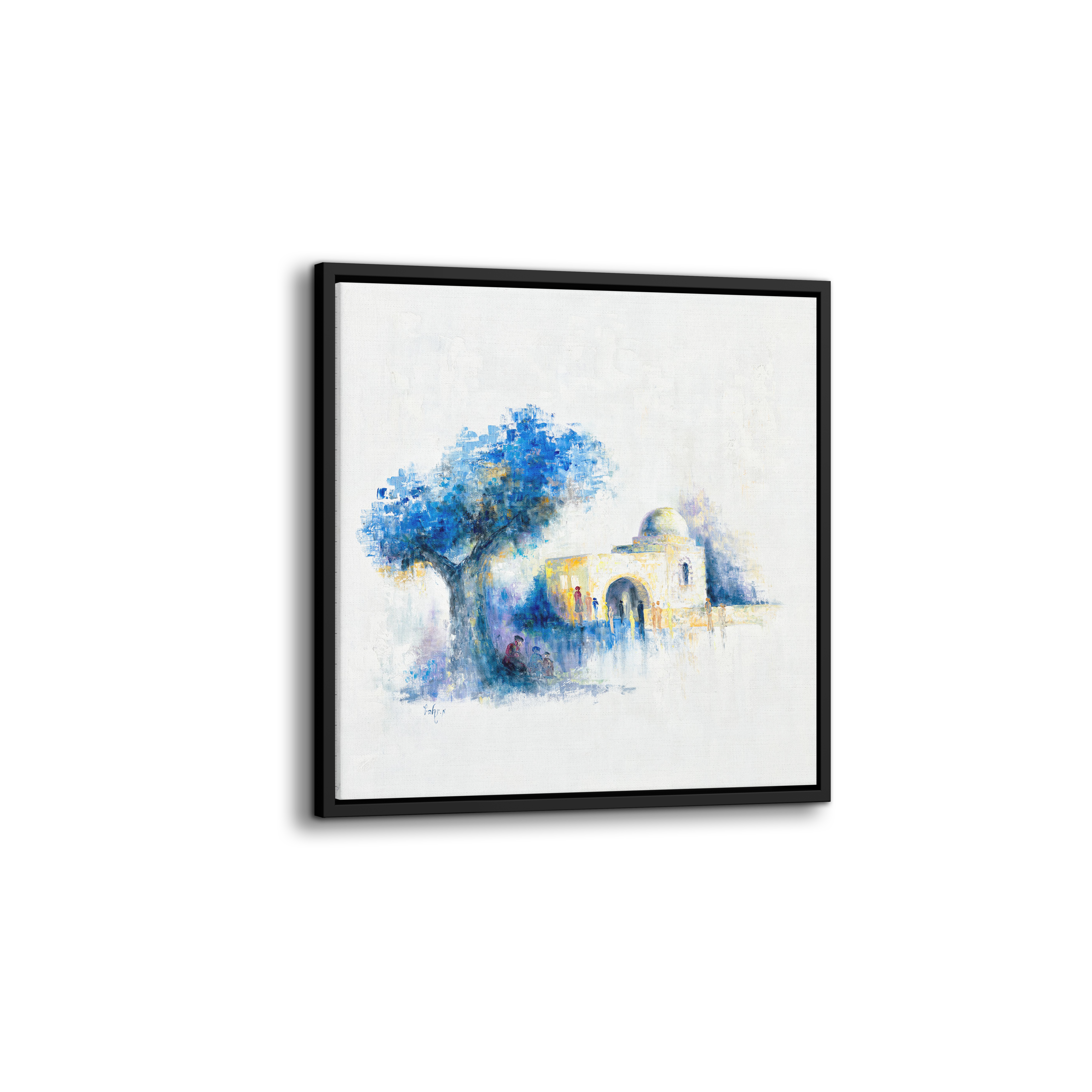 Abstract Rachel's Tomb Art - 35x35 in Blues, Judaica Decor, featuring a serene, abstract painting of a building and tree, ideal for Jewish home decor.