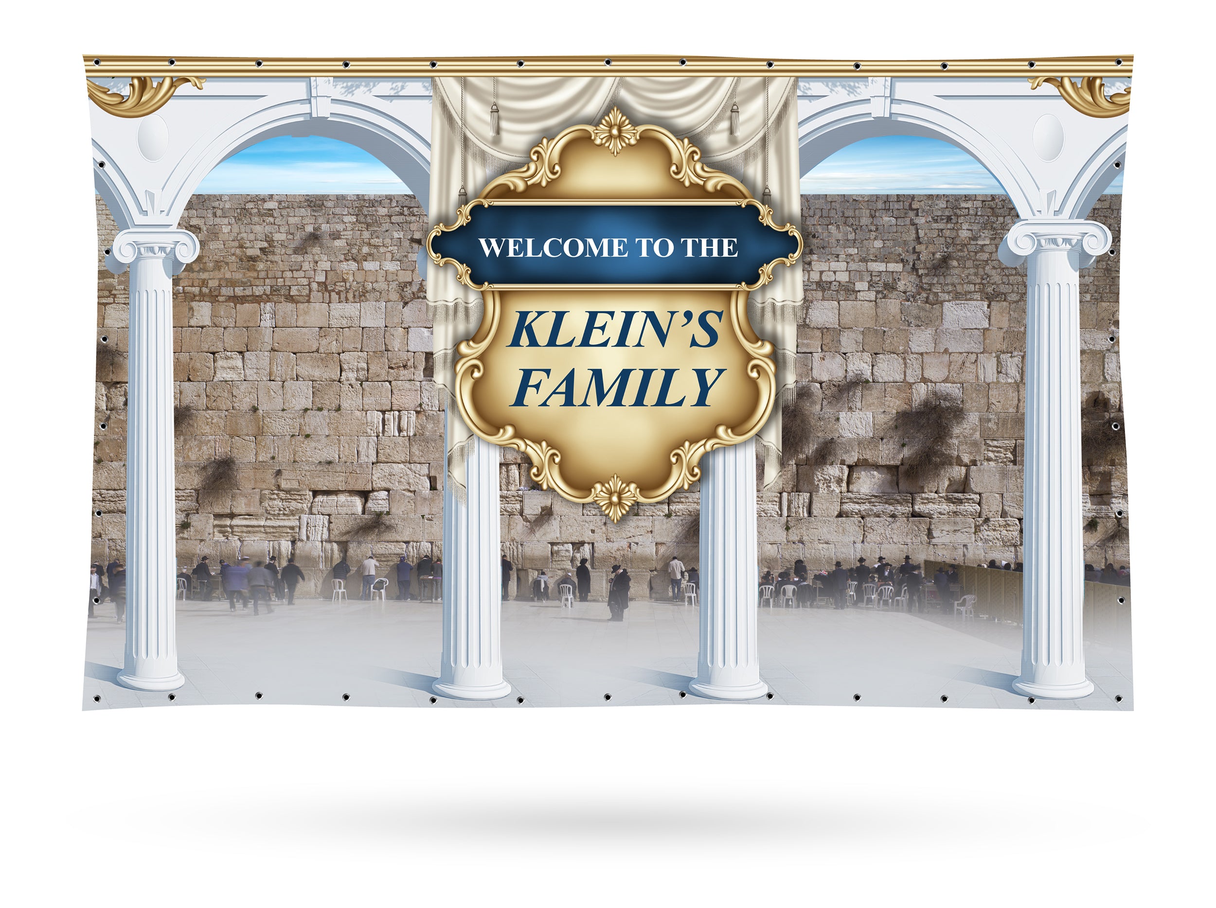 Customizable Sukkah Wall Fabric with personalized design options displayed on a stone wall, featuring a blue and gold framed sign for unique decoration.