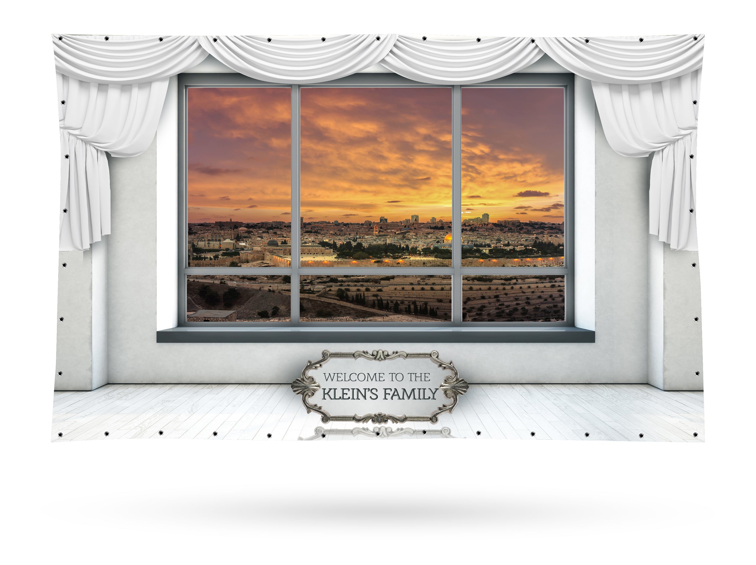 Customizable Sukkah Fabric displayed against a city view, featuring a silver frame, highlighting its design versatility for personalized Sukkah decorations.