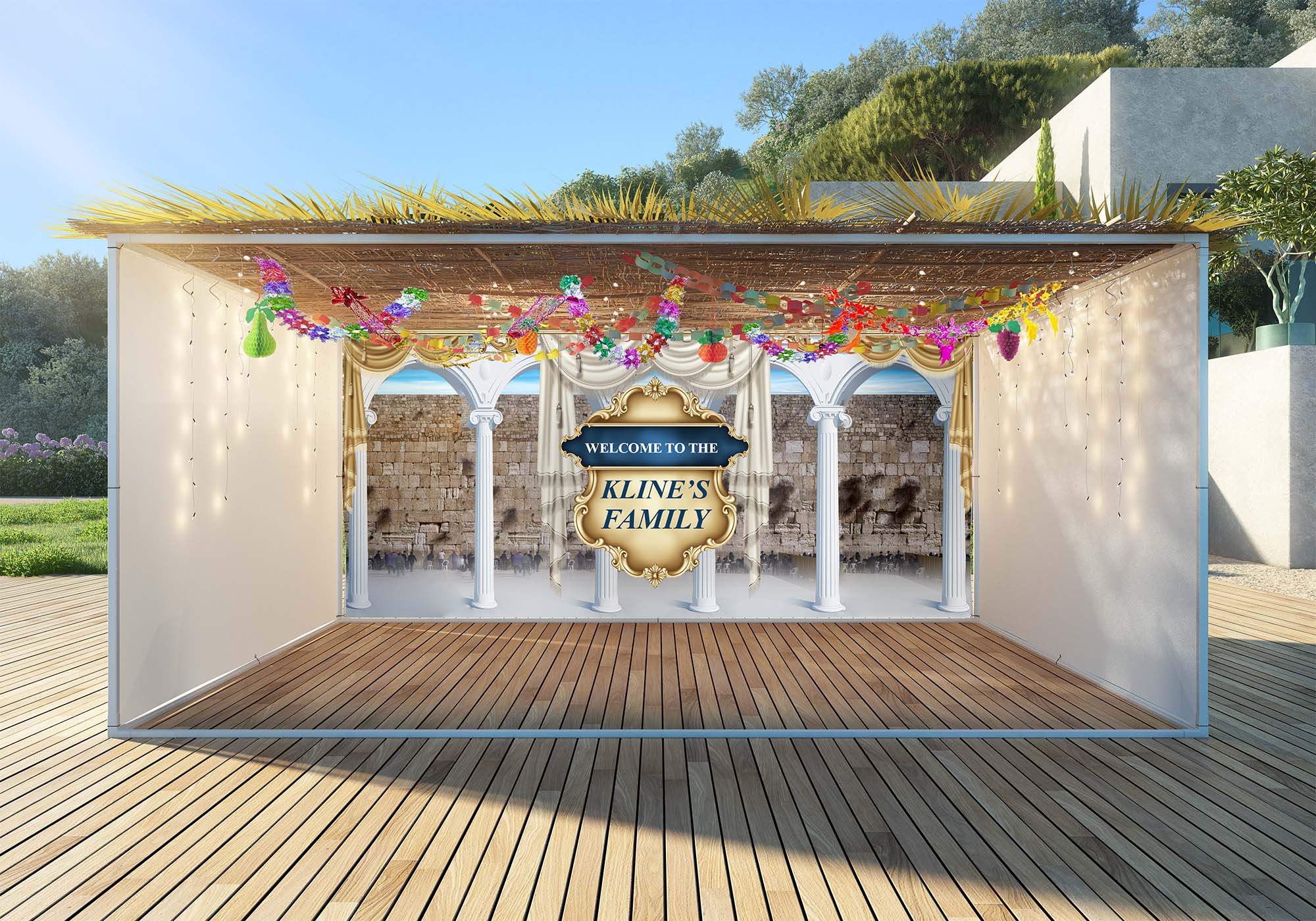 Customizable Sukkah Wall Fabric on wooden deck, featuring personalized design options for transforming Sukkahs with unique landscapes or family names, displayed at Ben Ari Art Gallery.